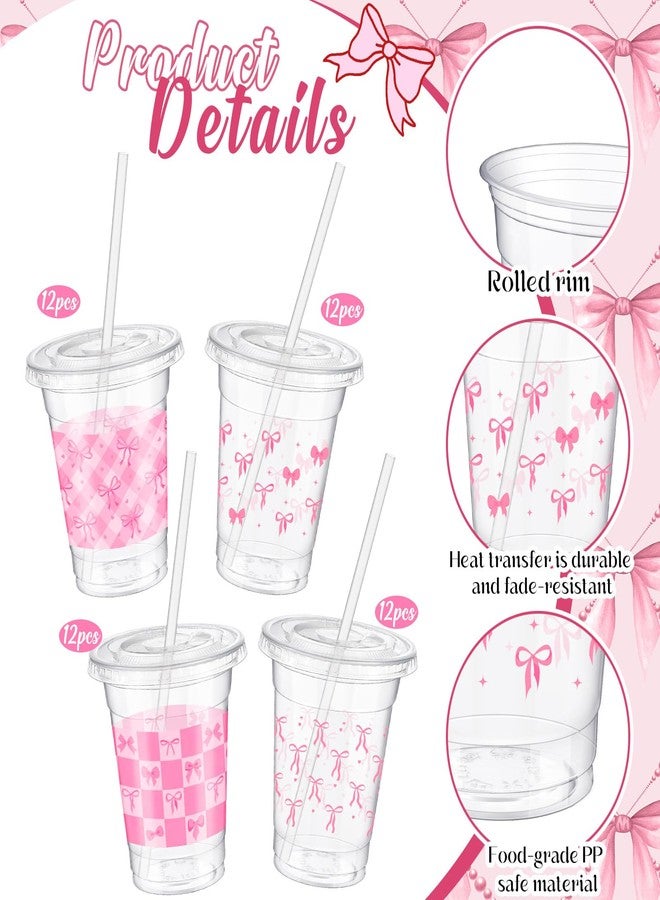 Jingmore 48 Sets Valentine Bow Cups Bulk, 12 oz Coquette Plastic Cups with Lids and Straws Disposable Bow Theme Party Decoration for Valentine Bridal Bachelorette Wedding Party Supplies (Pink) - Image 2